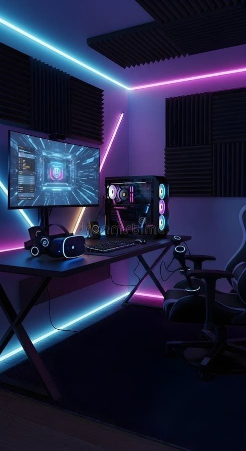 Dator med spelmonitor, VR-headset och färgstark neonbelysning